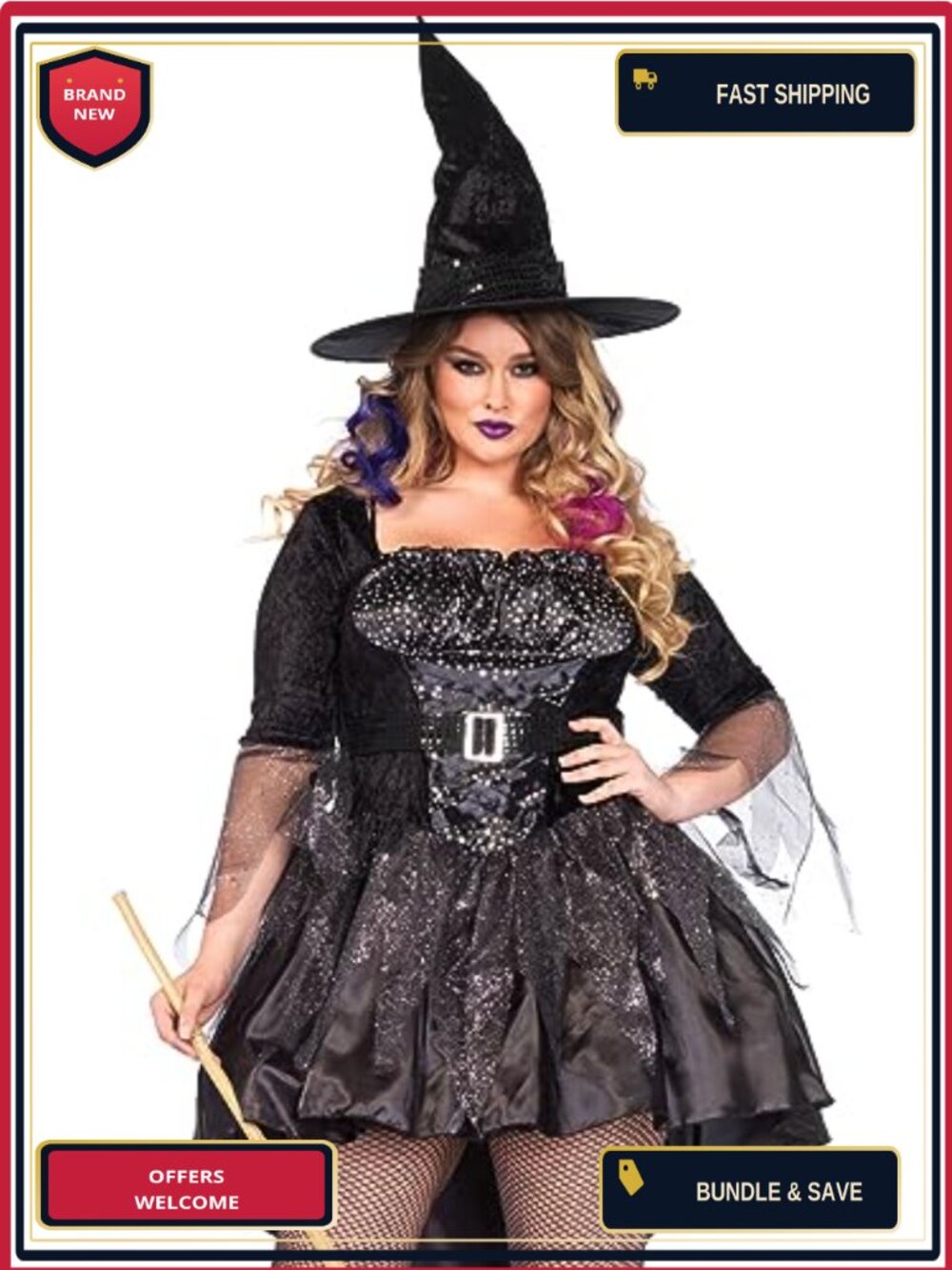 Plus Size Witch Costume 2 Piece High Low Dress Hat Sequin Belt
